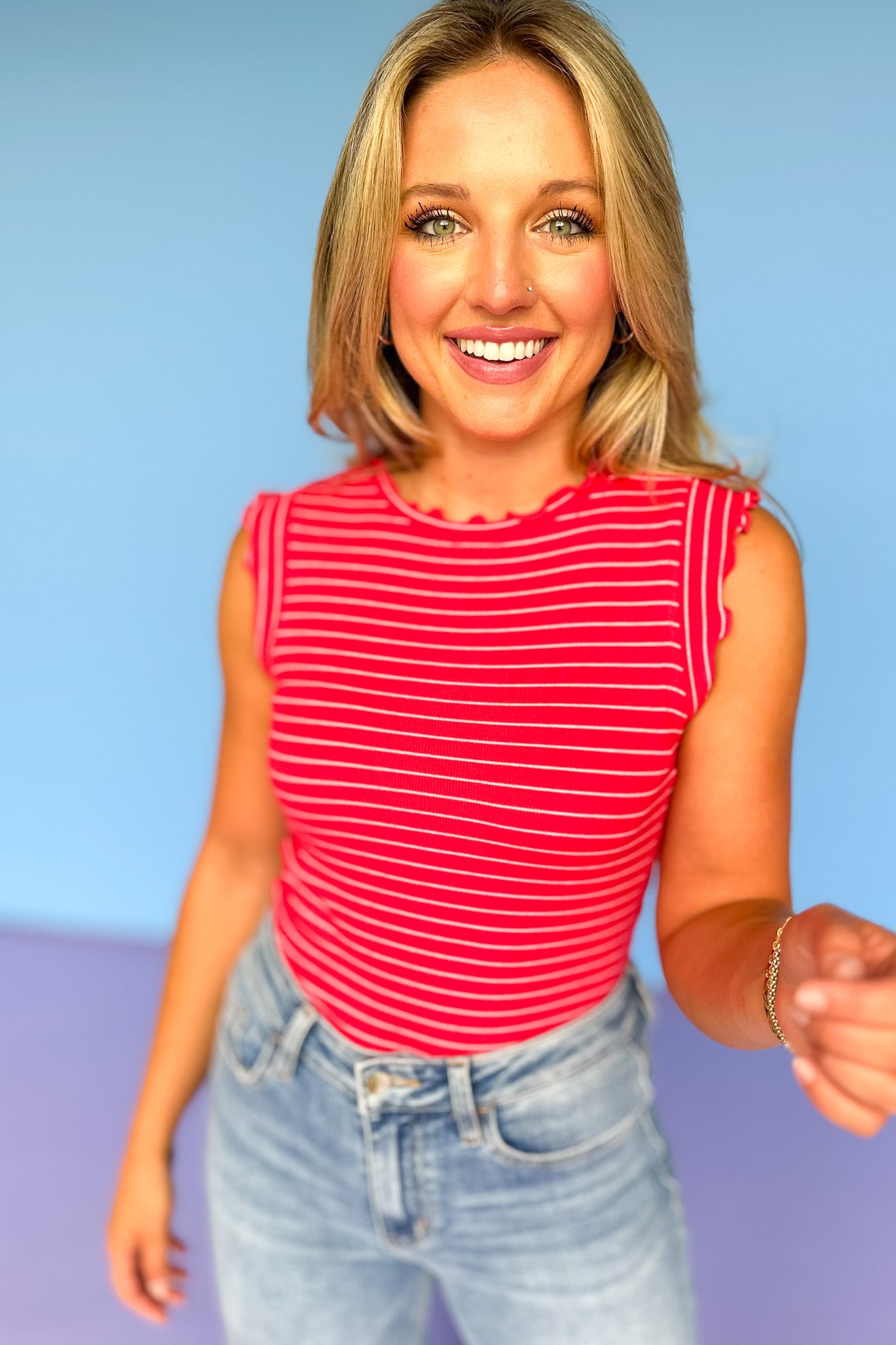 Ruby Stripe Ruffle Trim Sleeveless Top