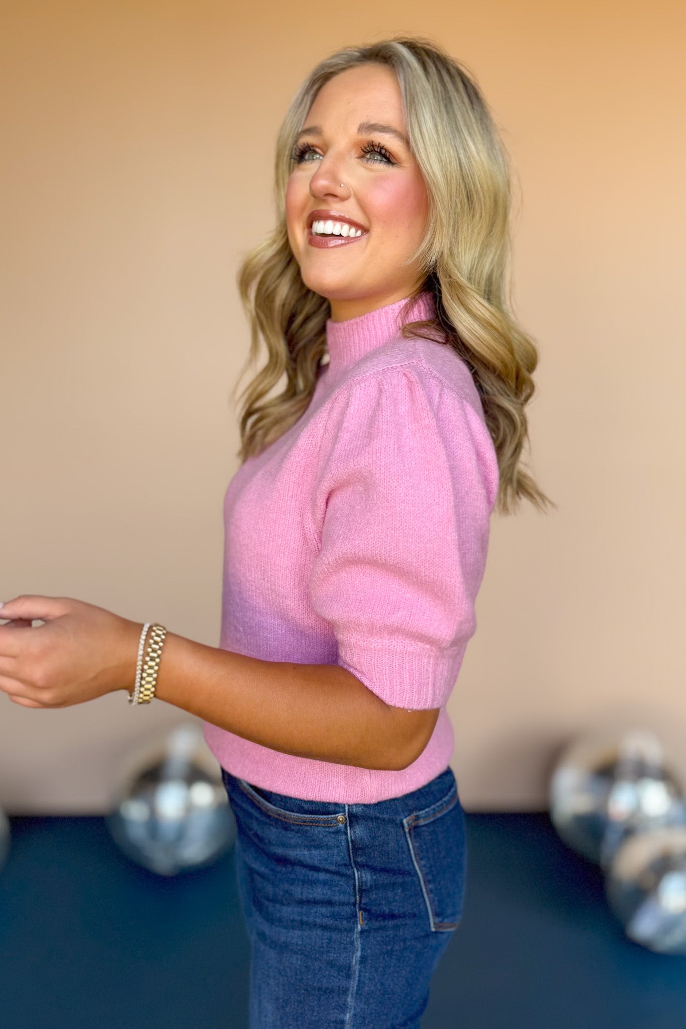  Pink Mock Neck Short Puff Sleeve Sweater *FINAL SALE*, must have sweater, must have style, fall style, fall fashion, elevated style, elevated sweater, mom style, shop style your senses by mallory fitzsimmons, ssys by mallory fitzsimmons