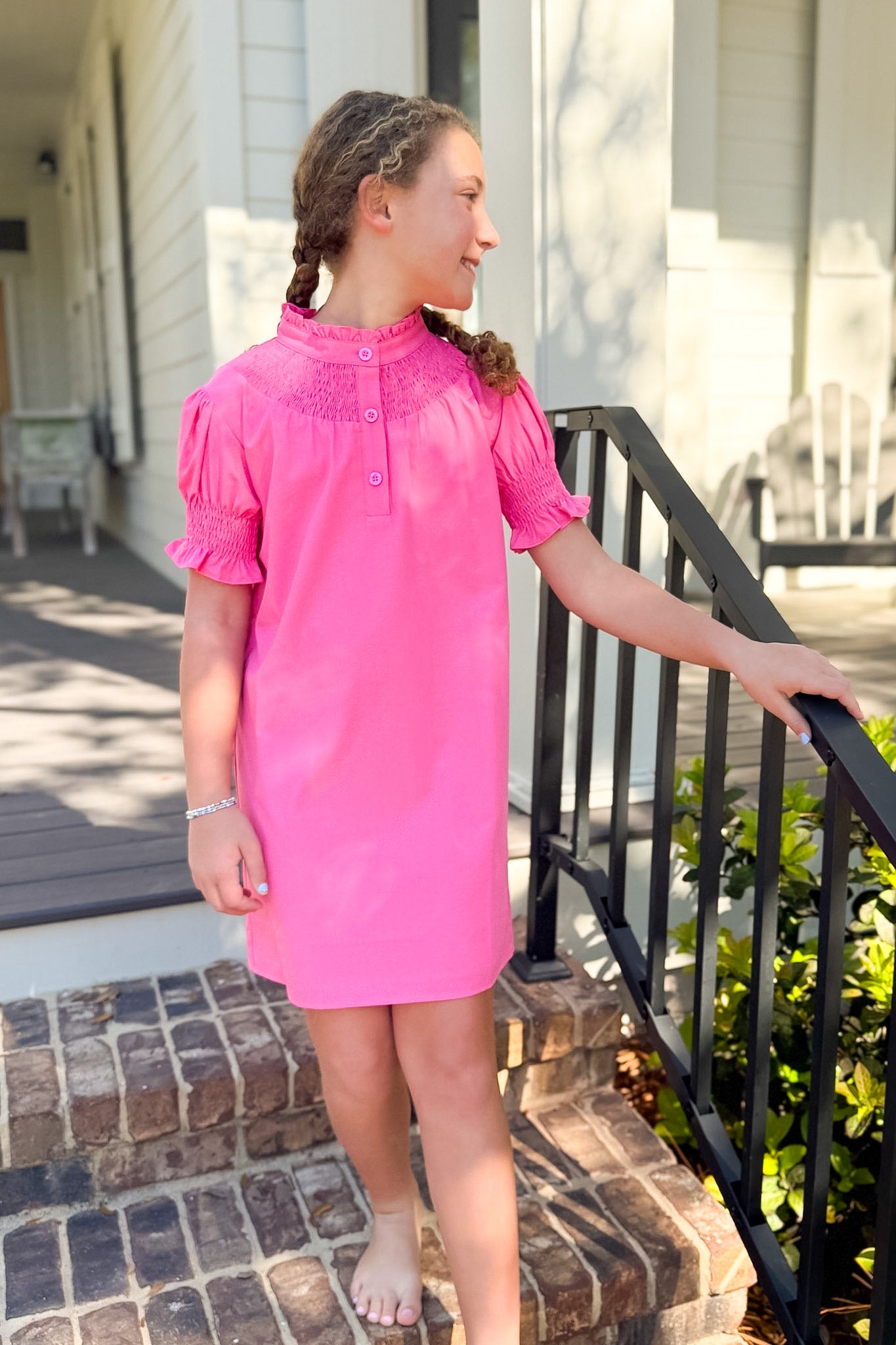 SSYS Kids Dahlia Smocked Short Sleeve Dress in Hot Pink