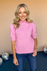  Pink Mock Neck Short Puff Sleeve Sweater *FINAL SALE*, must have sweater, must have style, fall style, fall fashion, elevated style, elevated sweater, mom style, shop style your senses by mallory fitzsimmons, ssys by mallory fitzsimmons