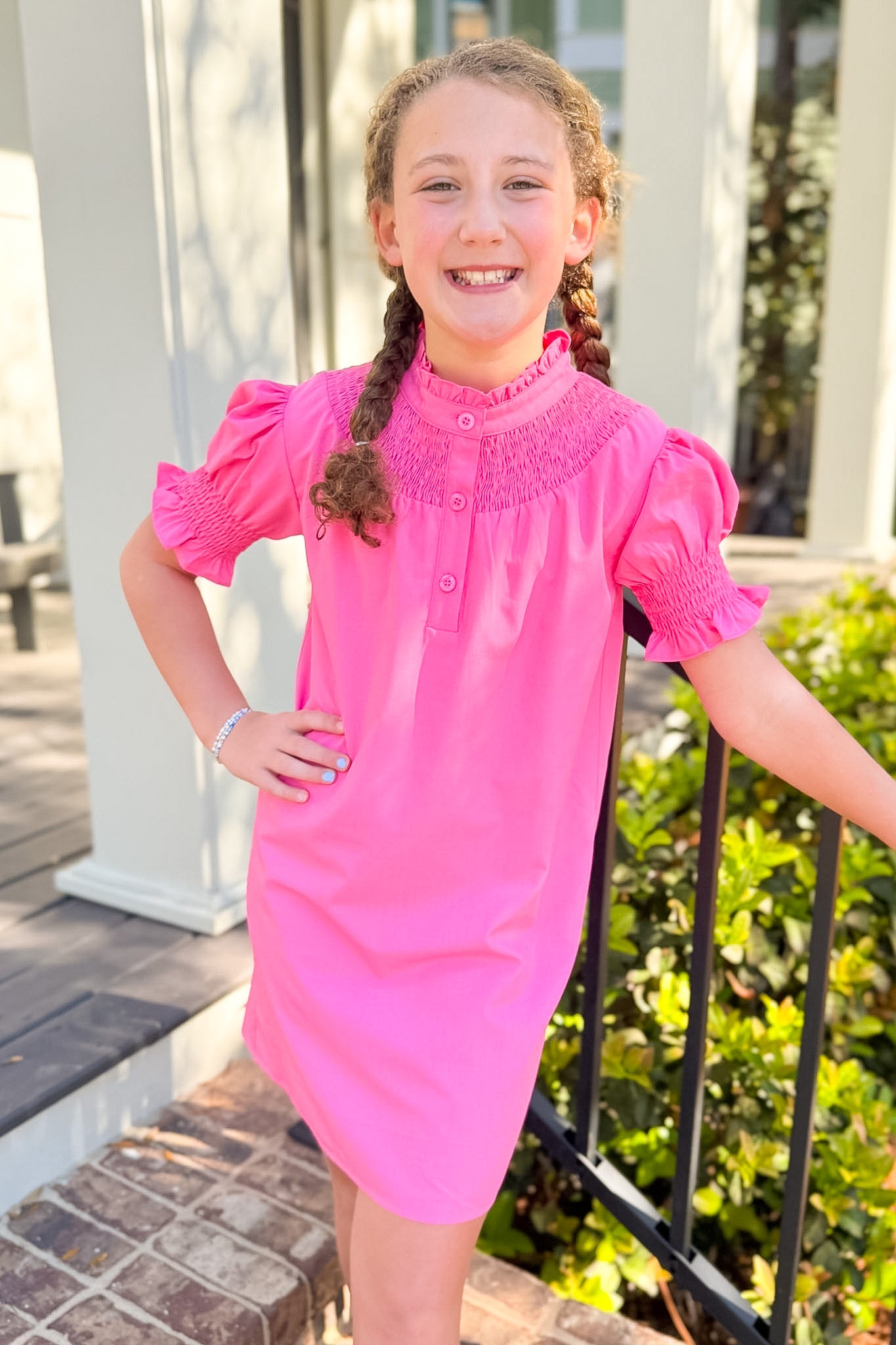 SSYS Kids Dahlia Smocked Short Sleeve Dress in Hot Pink