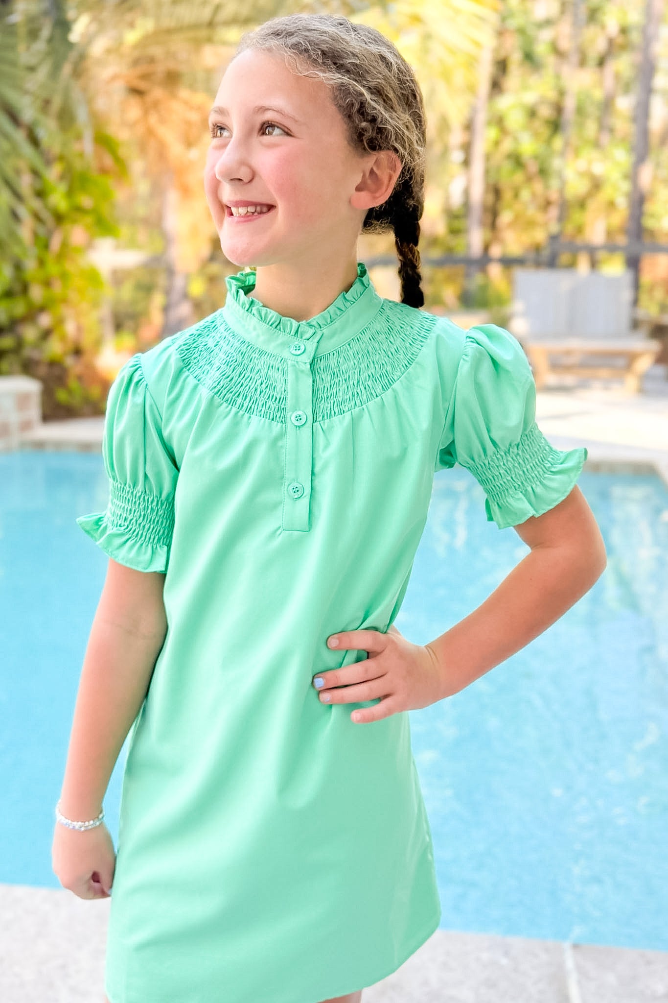 SSYS Kids Dahlia Smocked Short Sleeve Dress in Seafoam