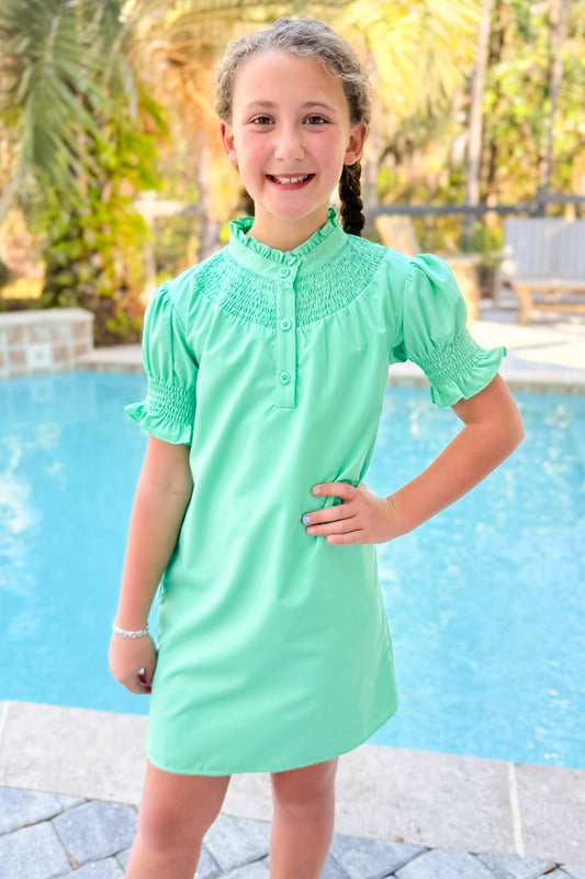 SSYS Kids Dahlia Smocked Short Sleeve Dress in Seafoam