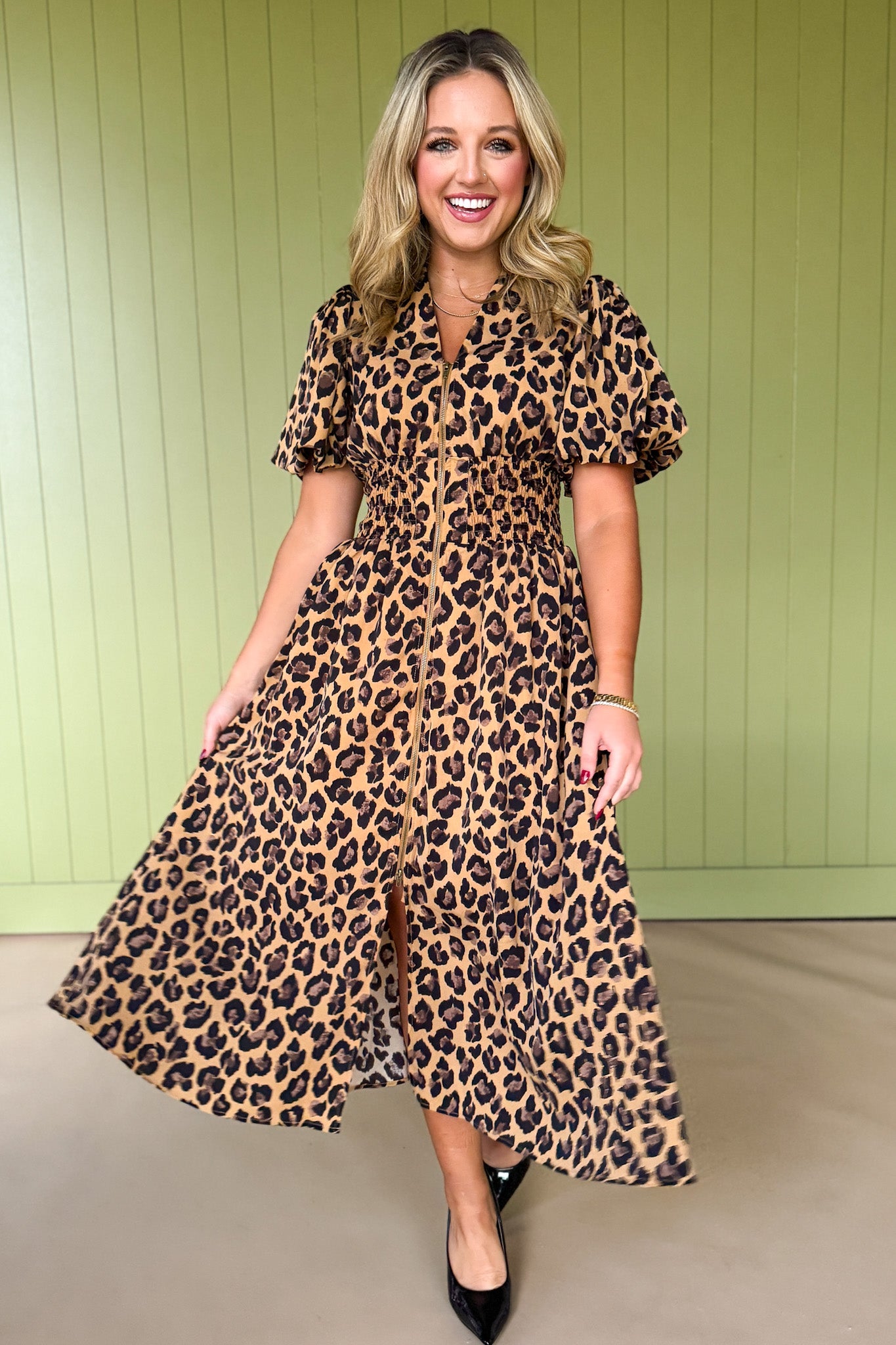 Tan Animal Print V Neck Front Zip Detail Short Puff Sleeve Dress