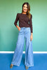 SSYS Lacey Stripe Crew Neck Long Sleeve Top In Brown Navy