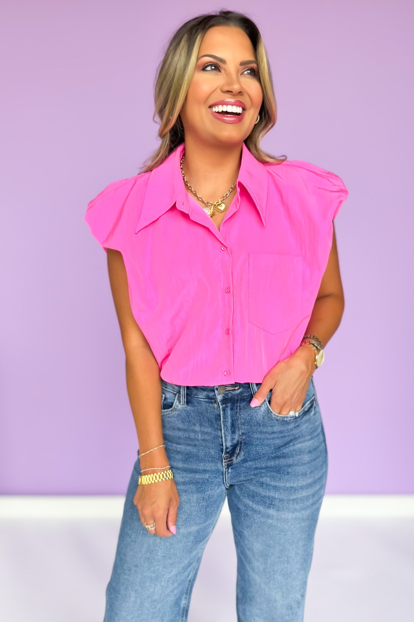 Hot Pink Collared Button Down Puff Sleeve Top *FINAL SALE*