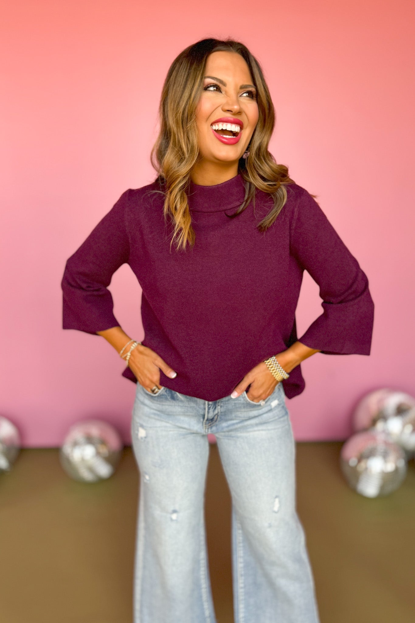  SSYS The Betsy Mock Neck Bell Sleeve Sweater In Purple, ssys saturday steal, ssys sweater, basic sweater, must have sweater, elevated sweater, fall fashion, fall sweater, mom style, ssys by mallory fitzsimmons