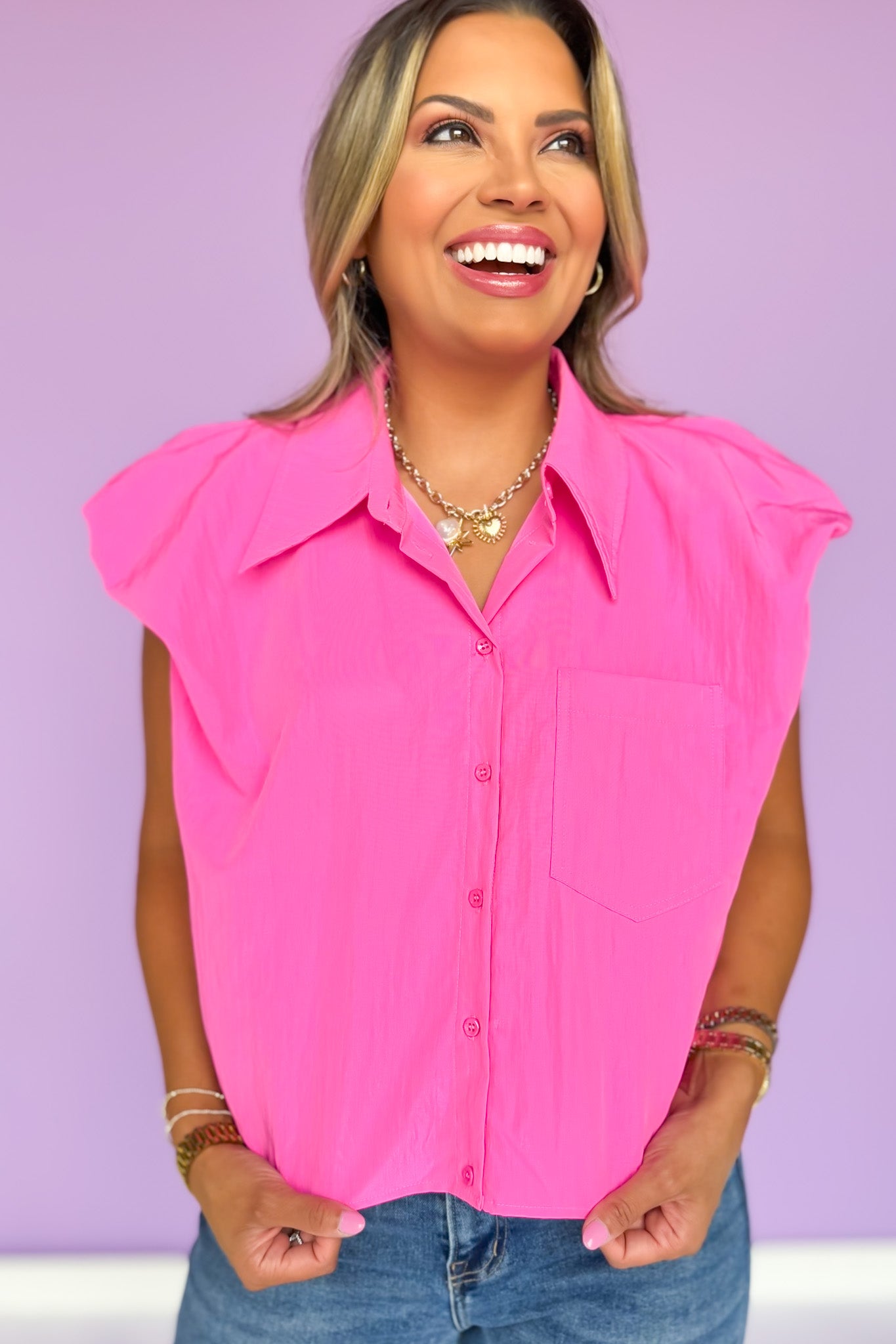 Hot Pink Collared Button Down Puff Sleeve Top *FINAL SALE*