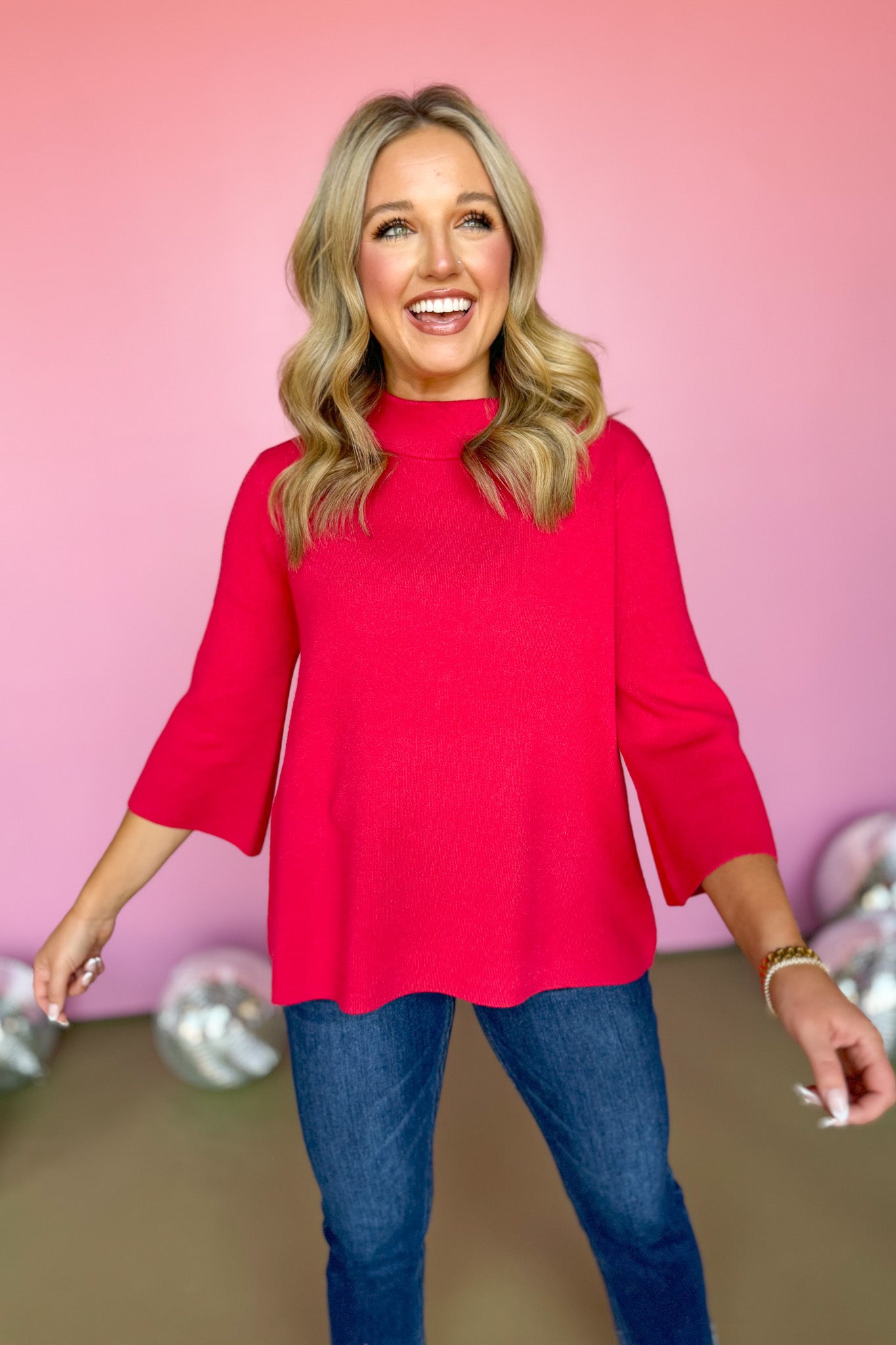  SSYS The Betsy Mock Neck Bell Sleeve Sweater In Red, ssys saturday steal, ssys sweater, basic sweater, must have sweater, elevated sweater, fall fashion, fall sweater, mom style, ssys by mallory fitzsimmons