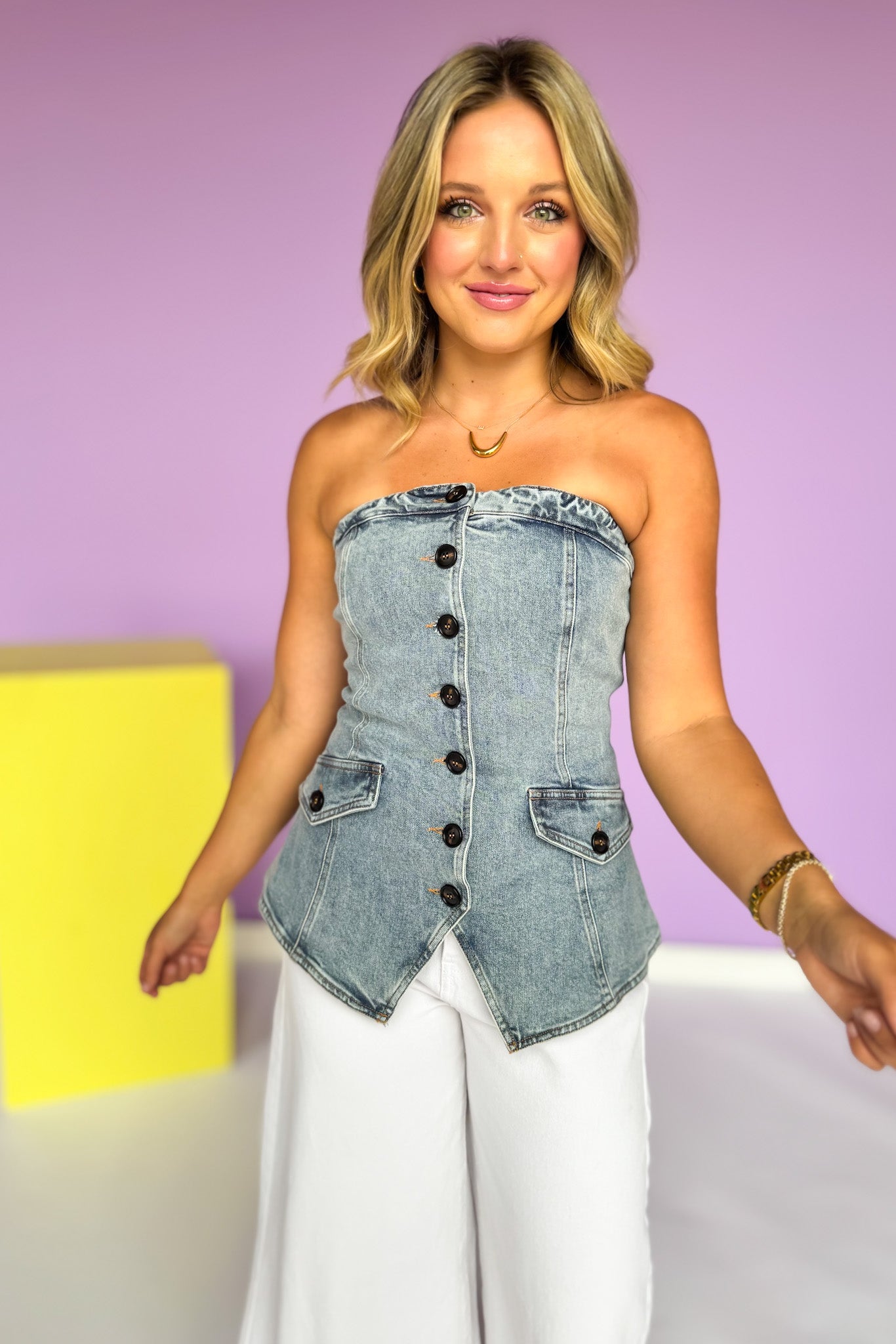Denim Strapless Angled Hem Button Down Top *FINAL SALE*