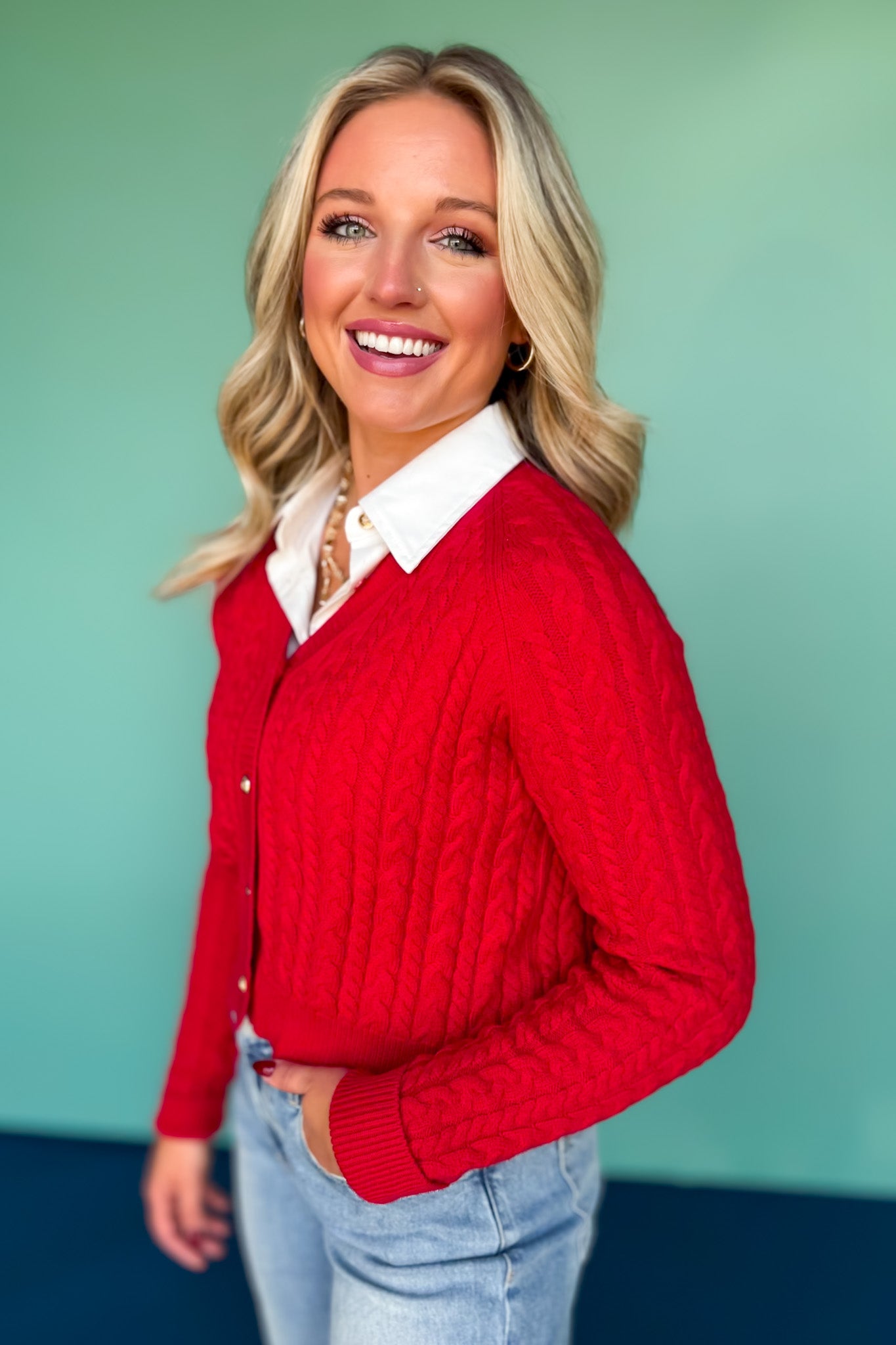 SSYS Lizzy V Neck Cable Knit Cardigan In Red
