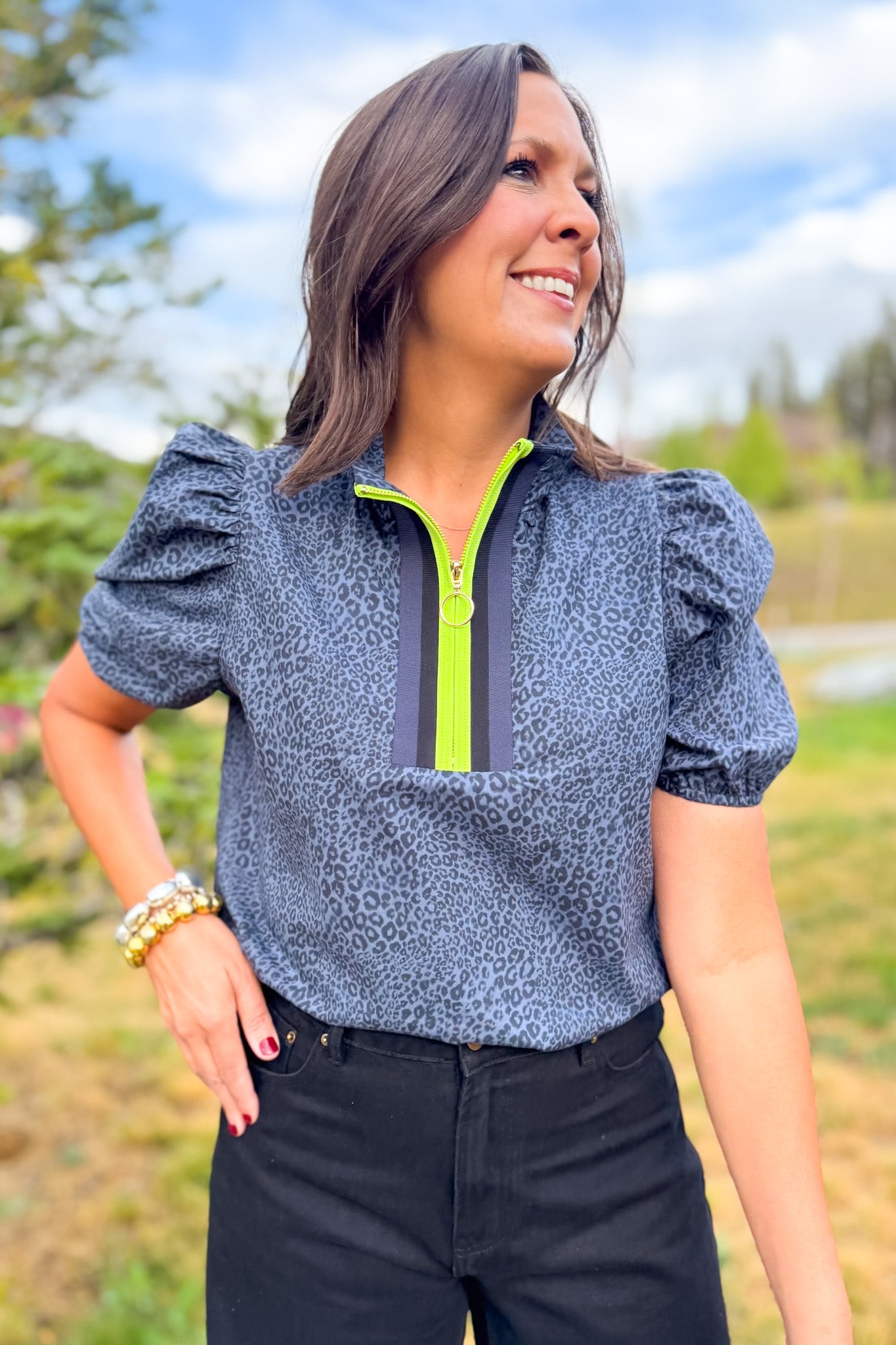 SSYS Emerson Contrast Stripe Short Sleeve Top In Navy Animal