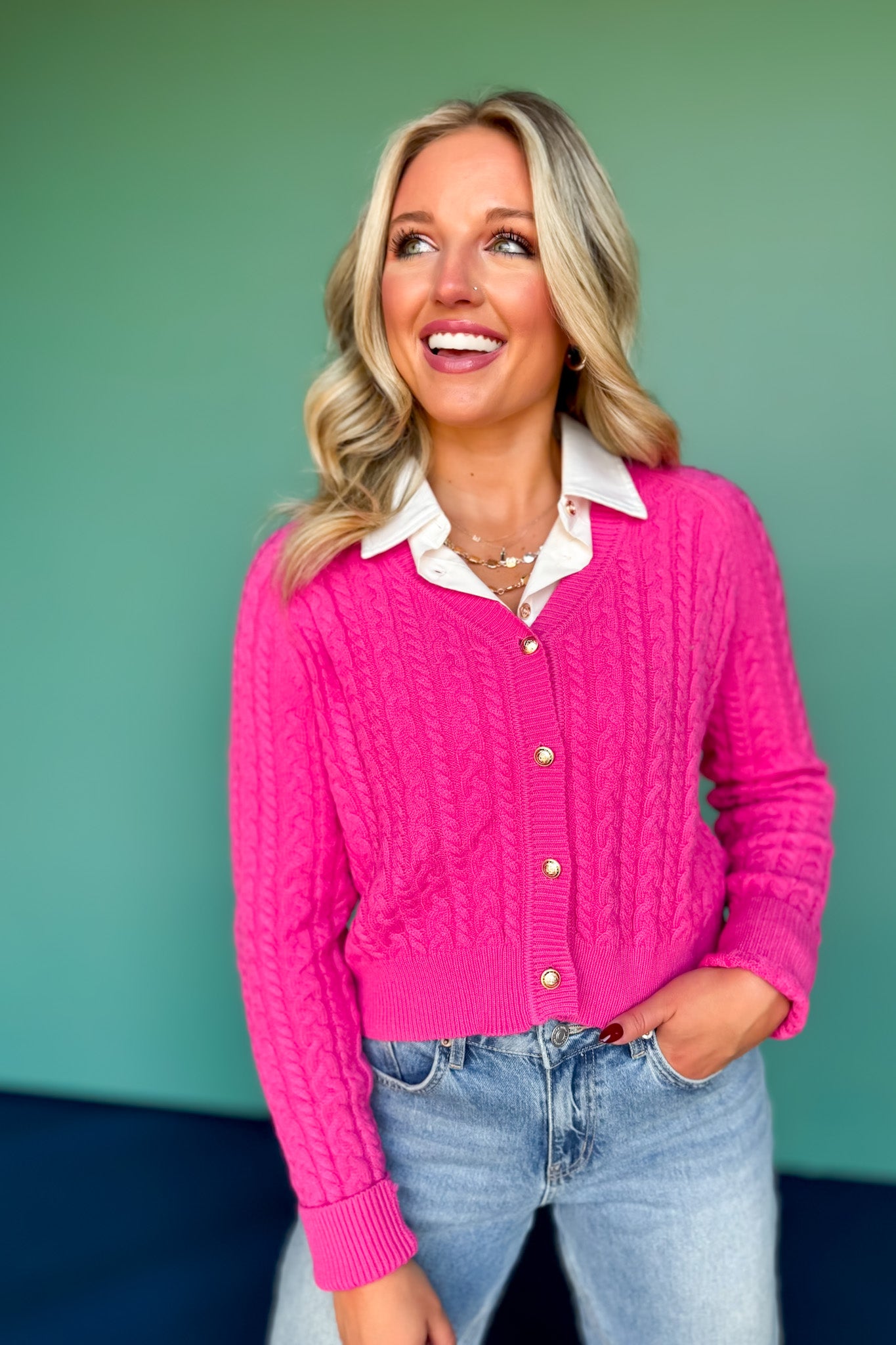 SSYS Lizzy V Neck Cable Knit Cardigan In Pink