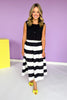 Black Stripe Pleated Side Zipper Full Midi Skirt