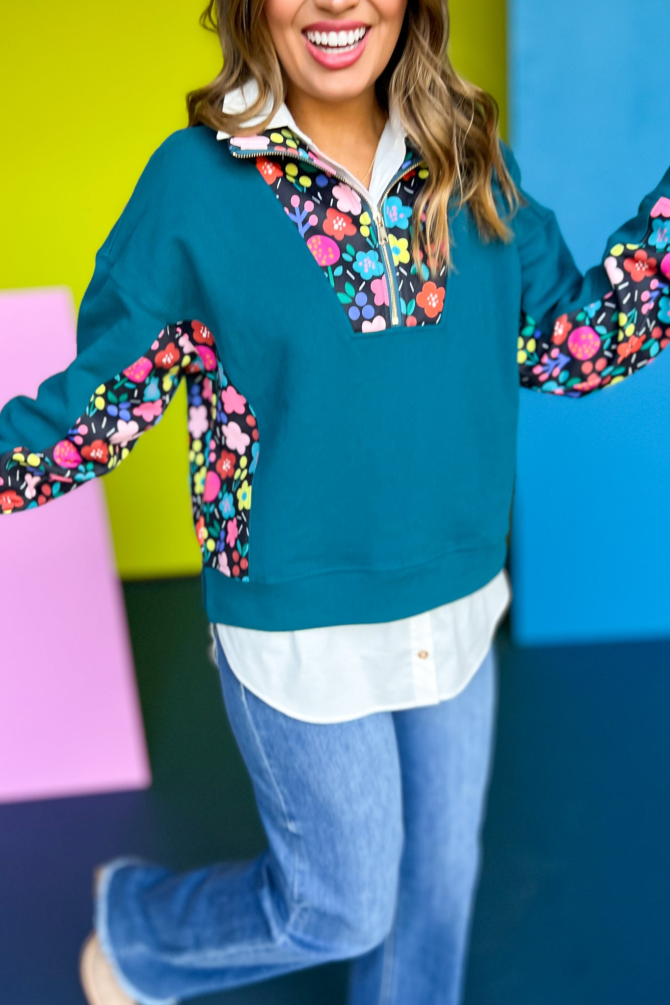  SSYS The Willow Pullover In Teal Floral, ssys fall collection, ssys fall, fall style, fall outfit, must have fall, elevated fall, mom style, office style, office outfit, fall pullover, elevated pullover, ssys pullover, ssys by mallory fitzsimmons