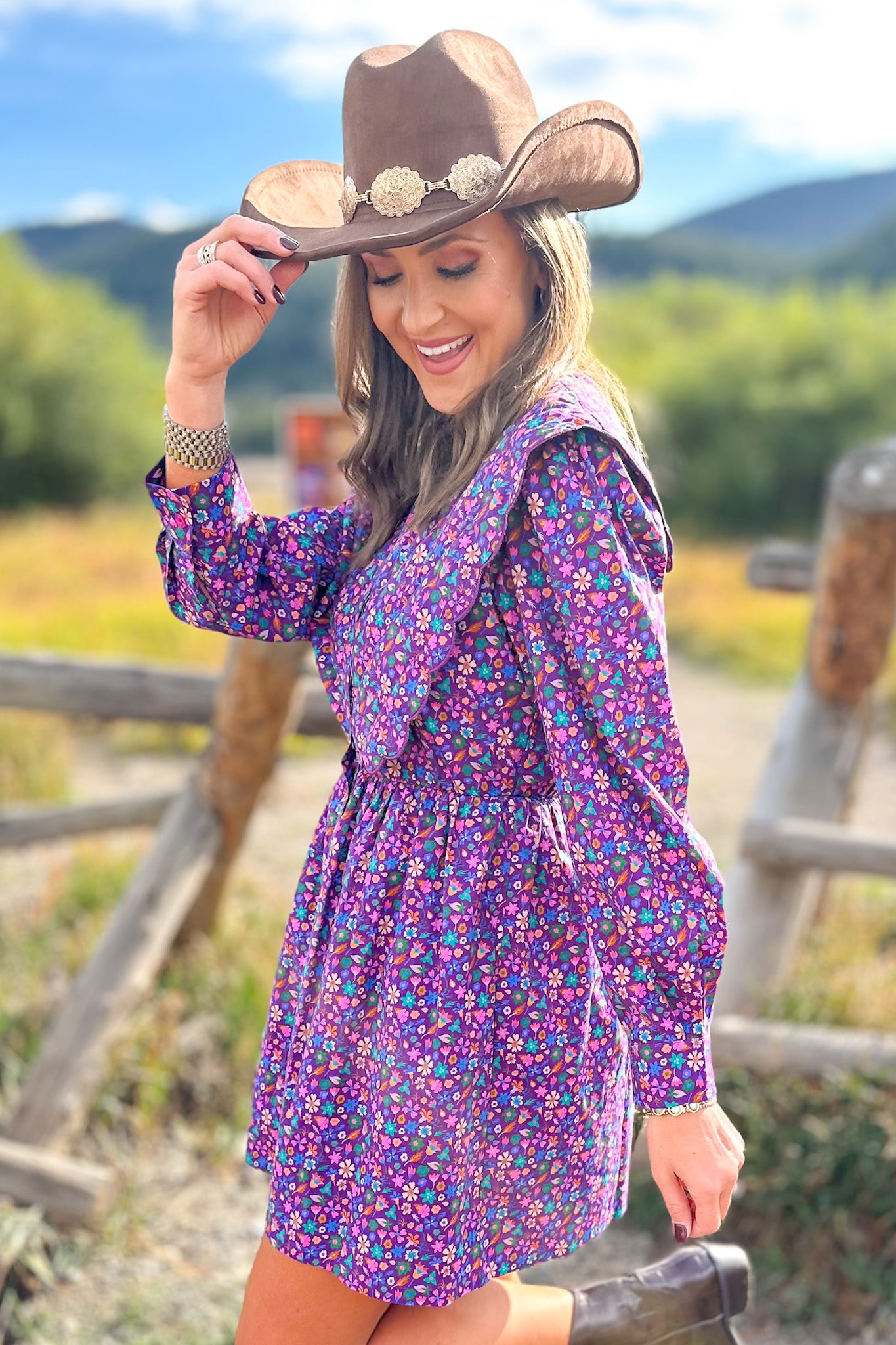 SSYS Oakley Quilted Scallop Overlay Dress In Purple Floral