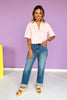 Pink Denim Collared V Neck Front Flap Pocket Top