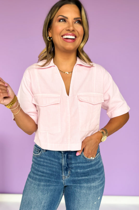 Pink Denim Collared V Neck Front Flap Pocket Top