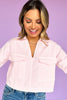 Pink Denim Collared V Neck Front Flap Pocket Top