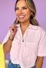 Pink Denim Collared V Neck Front Flap Pocket Top