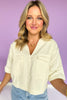 Cream Denim Collared V Neck Front Flap Pocket Top