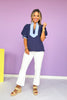 Navy Short Bubble Sleeve Contrast High Neck Top *FINAL SALE*