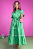 Green Scallop Trim Button Down Tie Waist Midi Dress