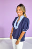 Navy Short Bubble Sleeve Contrast High Neck Top *FINAL SALE*