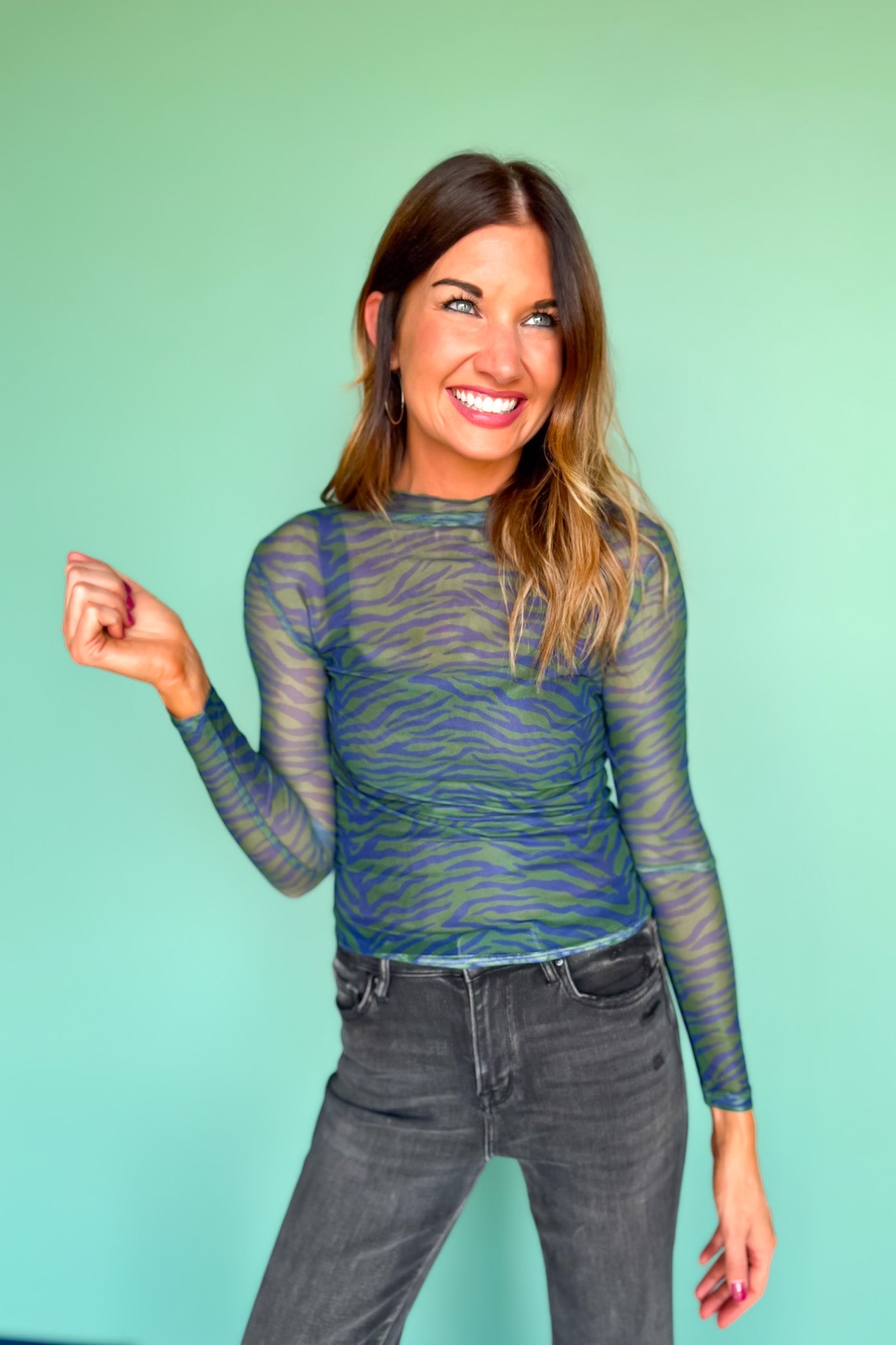 SSYS Ingrid Printed Mesh Top In Hunter Stripes