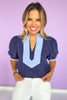 Navy Short Bubble Sleeve Contrast High Neck Top *FINAL SALE*