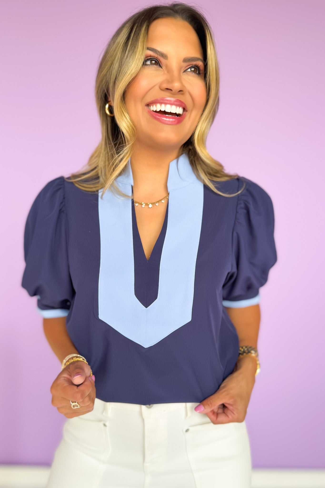 Navy Short Bubble Sleeve Contrast High Neck Top *FINAL SALE*