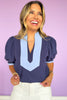 Navy Short Bubble Sleeve Contrast High Neck Top *FINAL SALE*