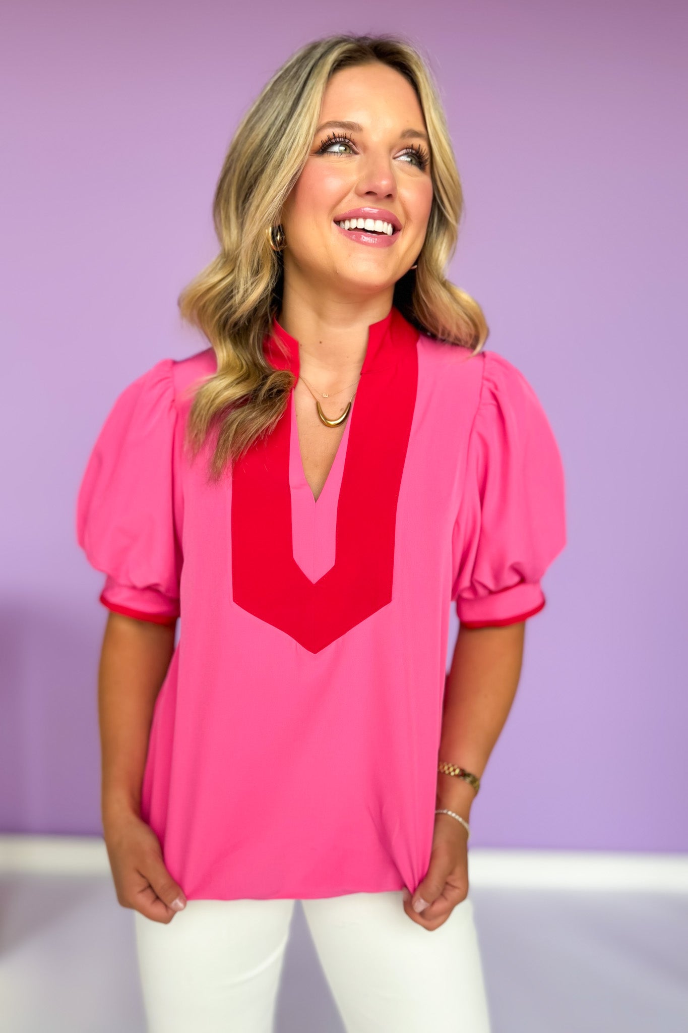 Pink Short Bubble Sleeve Contrast High Neck Top *FINAL SALE*