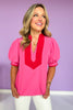 Pink Short Bubble Sleeve Contrast High Neck Top *FINAL SALE*