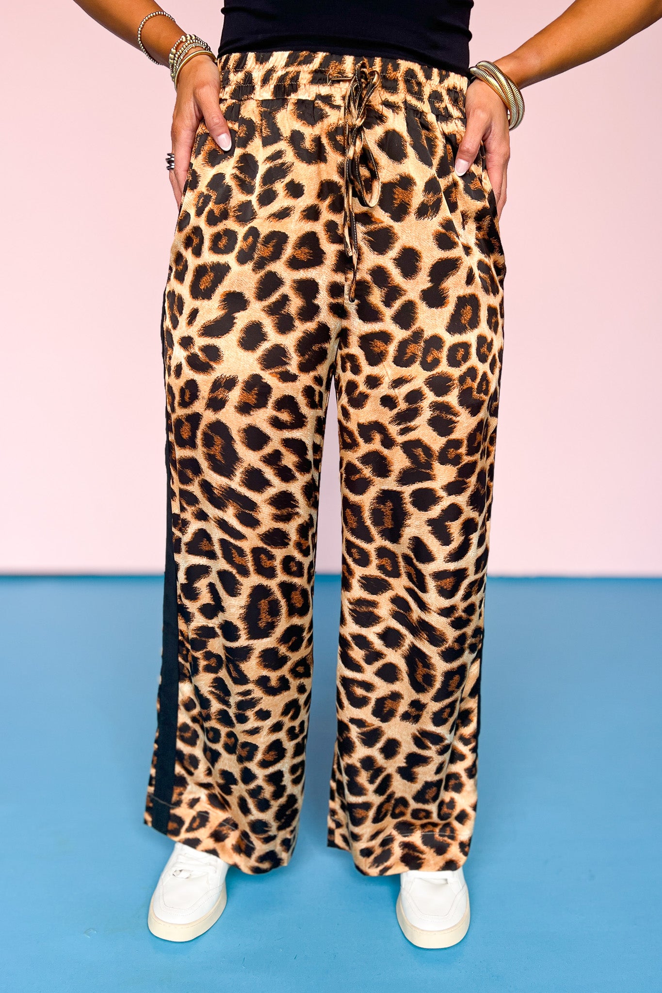 Black Animal Print Contrast Side Stripe Pants, comfy, work pants, date night, drawstring, ssys by mallory fitzsimmons