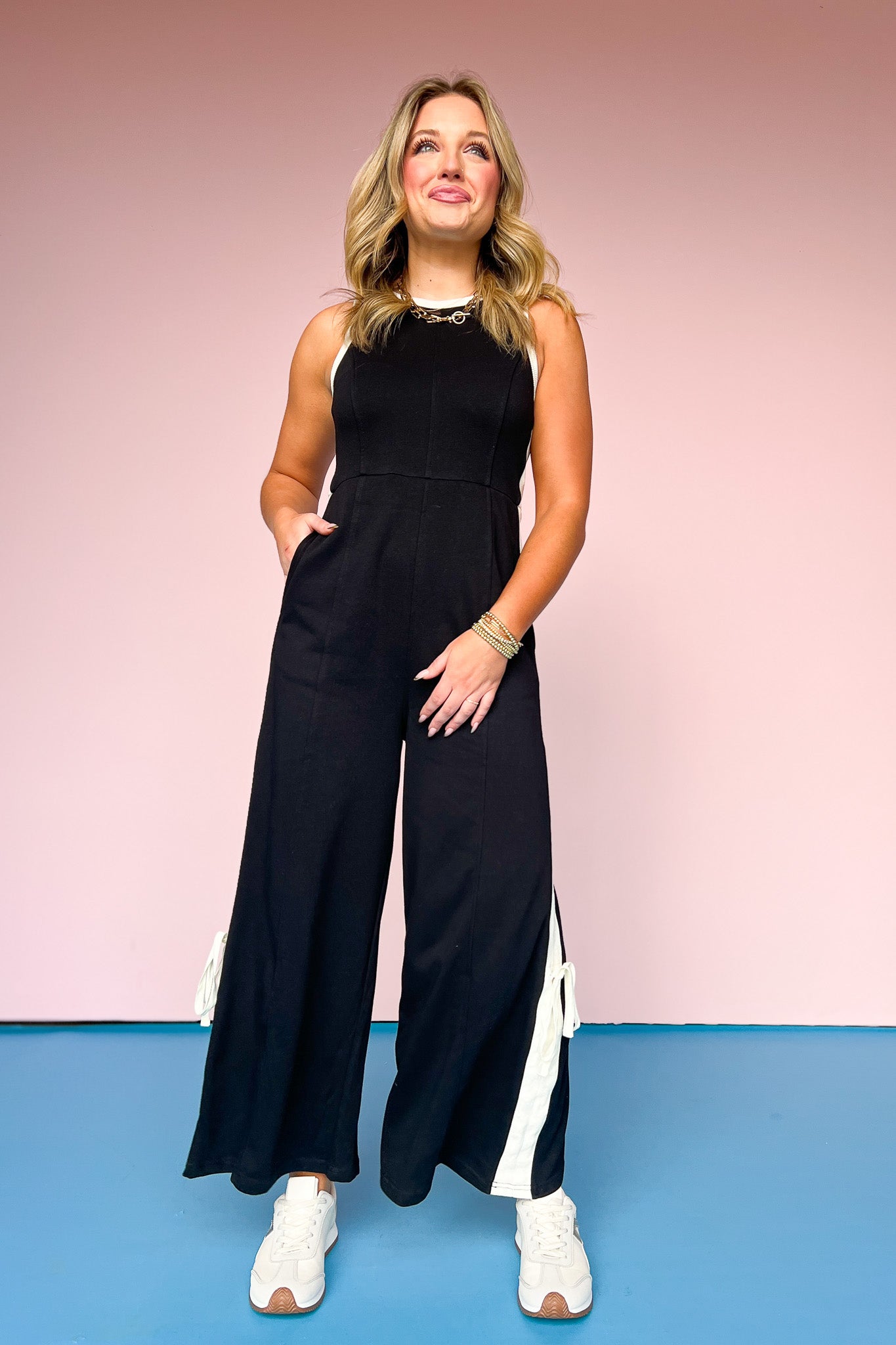 Black Contrast Side Stripe Zipper Back Leg Tie Jumpsuit, athletic, workout, unique design, comfy, ssys by mallory fitzsimmons