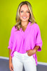 Bright Mauve V Neck Half Puff Sleeve Top *FINAL SALE*