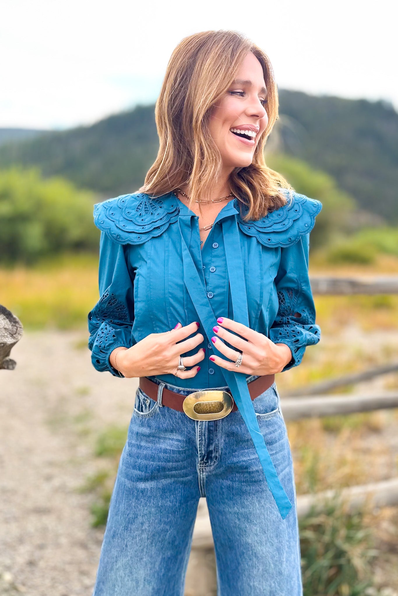 SSYS Marilyn Peter Pan Eyelet Top In Teal