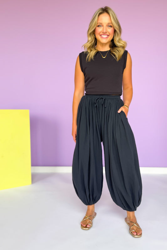 Black Gauze High Elastic Waist Baggy Leg Cuff Hem Pants