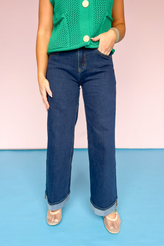 Vervet High Rise Cuffed Ankle Wide Jeans, everyday wear, dark wash, sleek design, ssys by mallory fitzsimmons