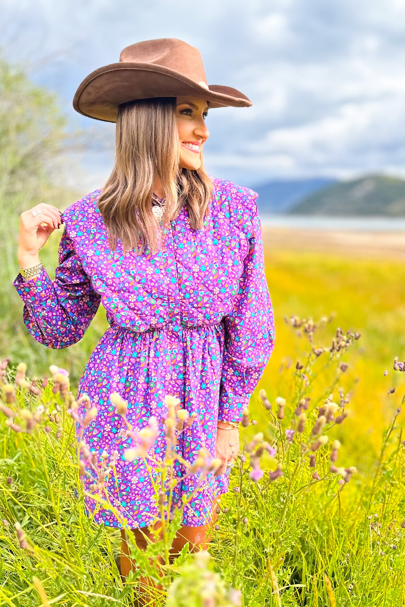 SSYS Oakley Quilted Scallop Overlay Dress In Purple Floral