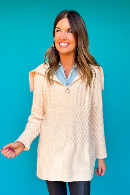 SSYS Tori Exaggerated Collar Zip Knit Pullover In Autumn Cream