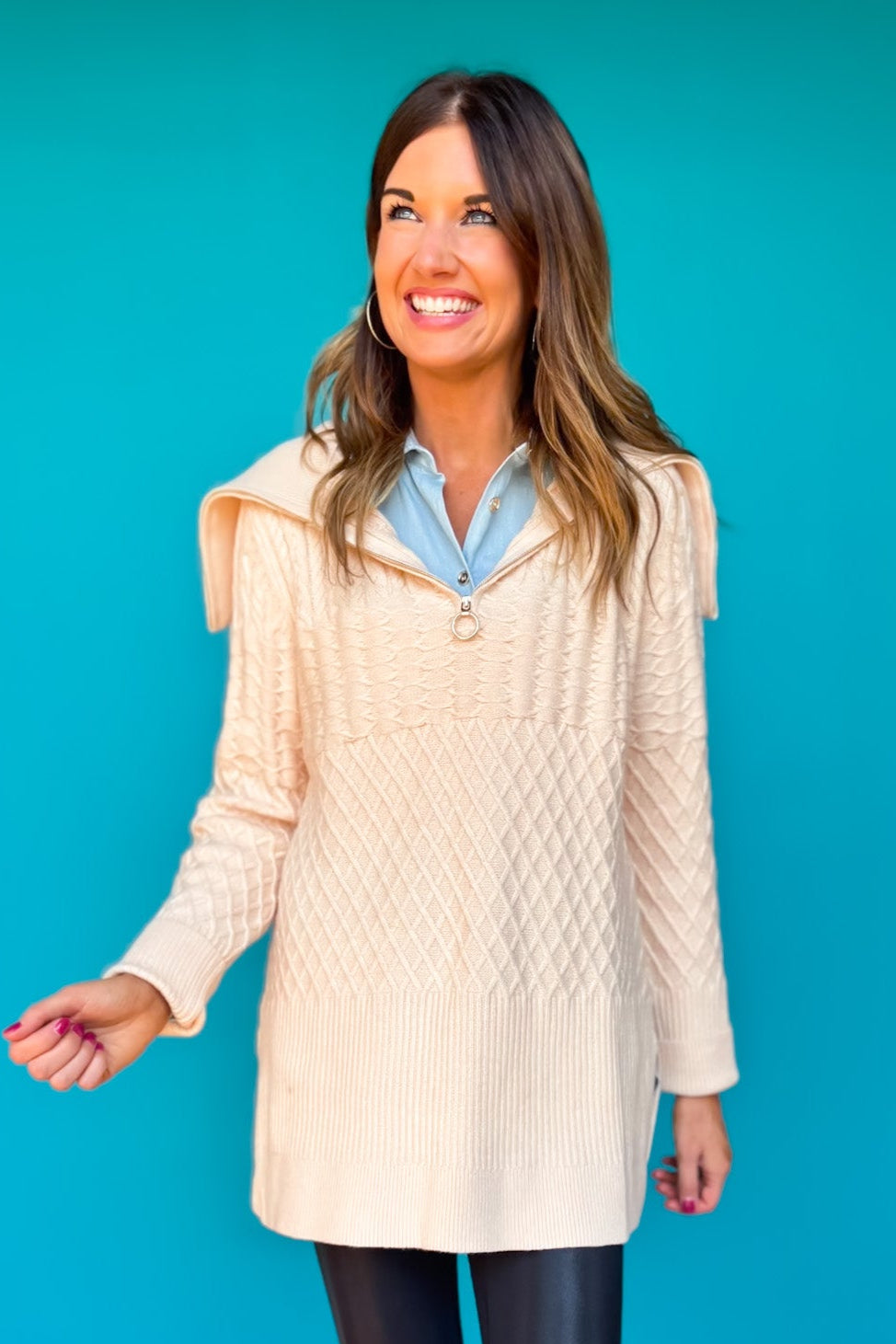 SSYS Tori Exaggerated Collar Zip Knit Pullover In Autumn Cream