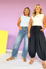 Black Gauze High Elastic Waist Baggy Leg Cuff Hem Pants