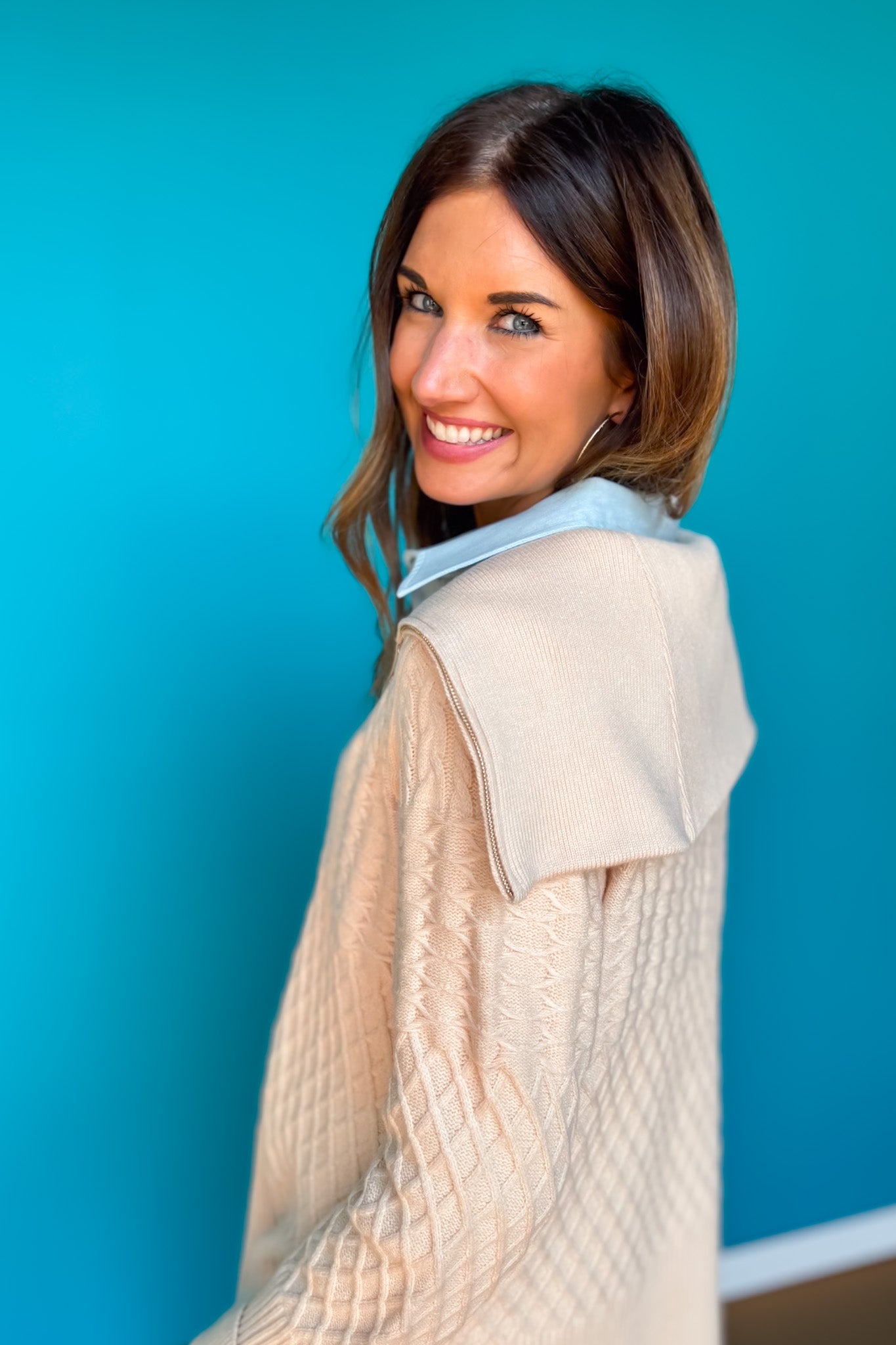 SSYS Tori Exaggerated Collar Zip Knit Pullover In Autumn Cream