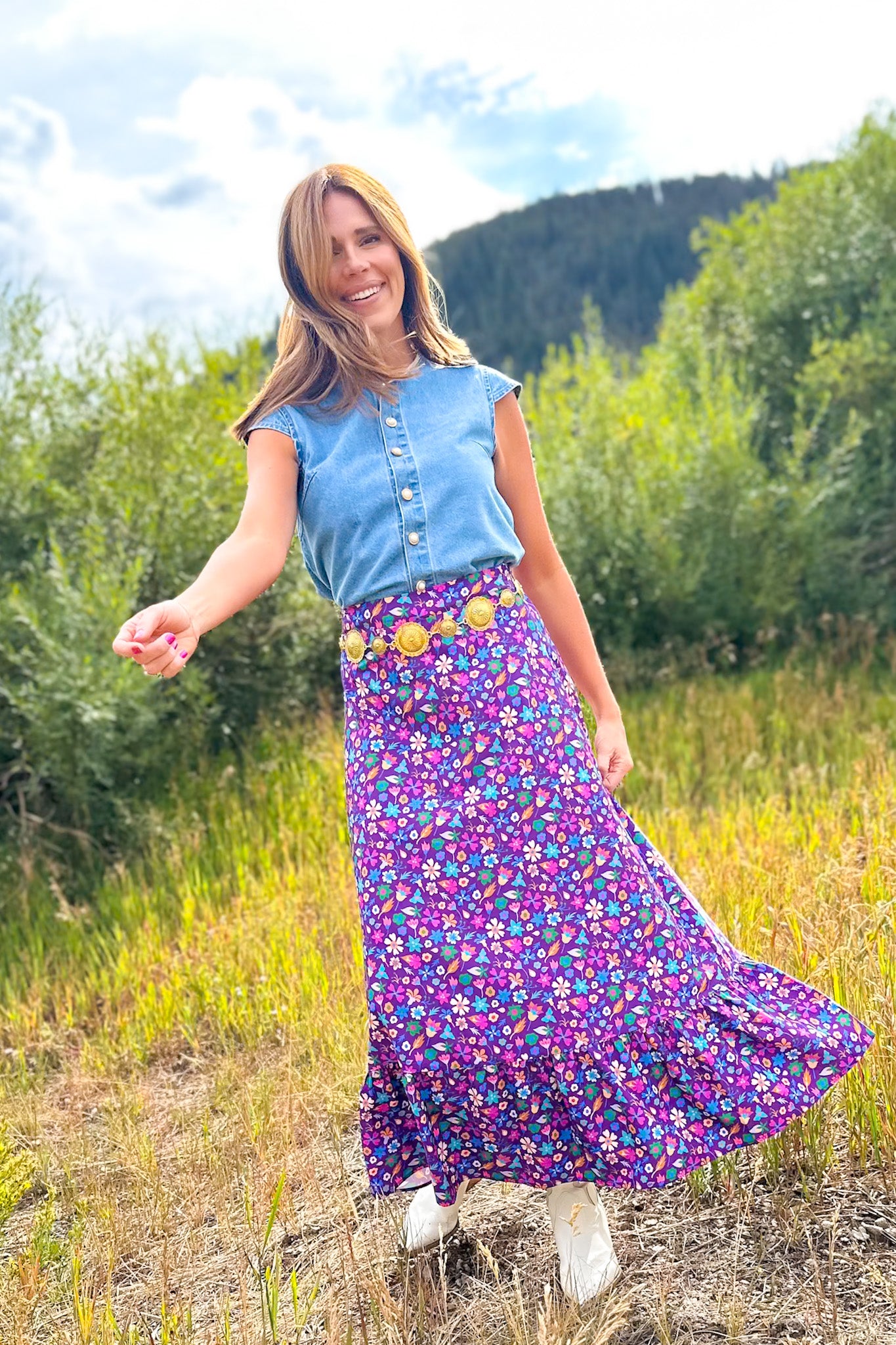 SSYS Daisy One Tier Maxi Skirt In Purple Floral