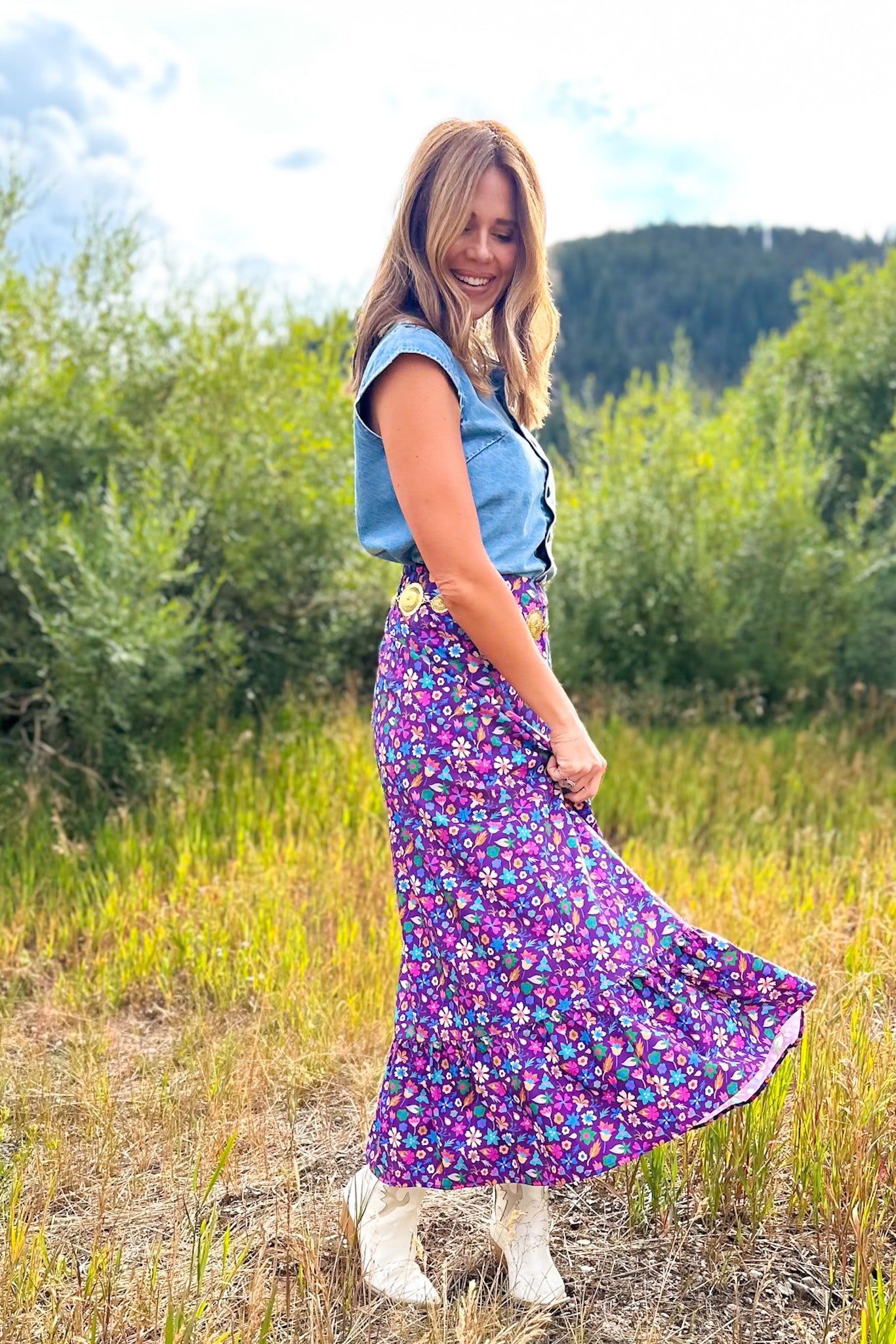 SSYS Daisy One Tier Maxi Skirt In Purple Floral