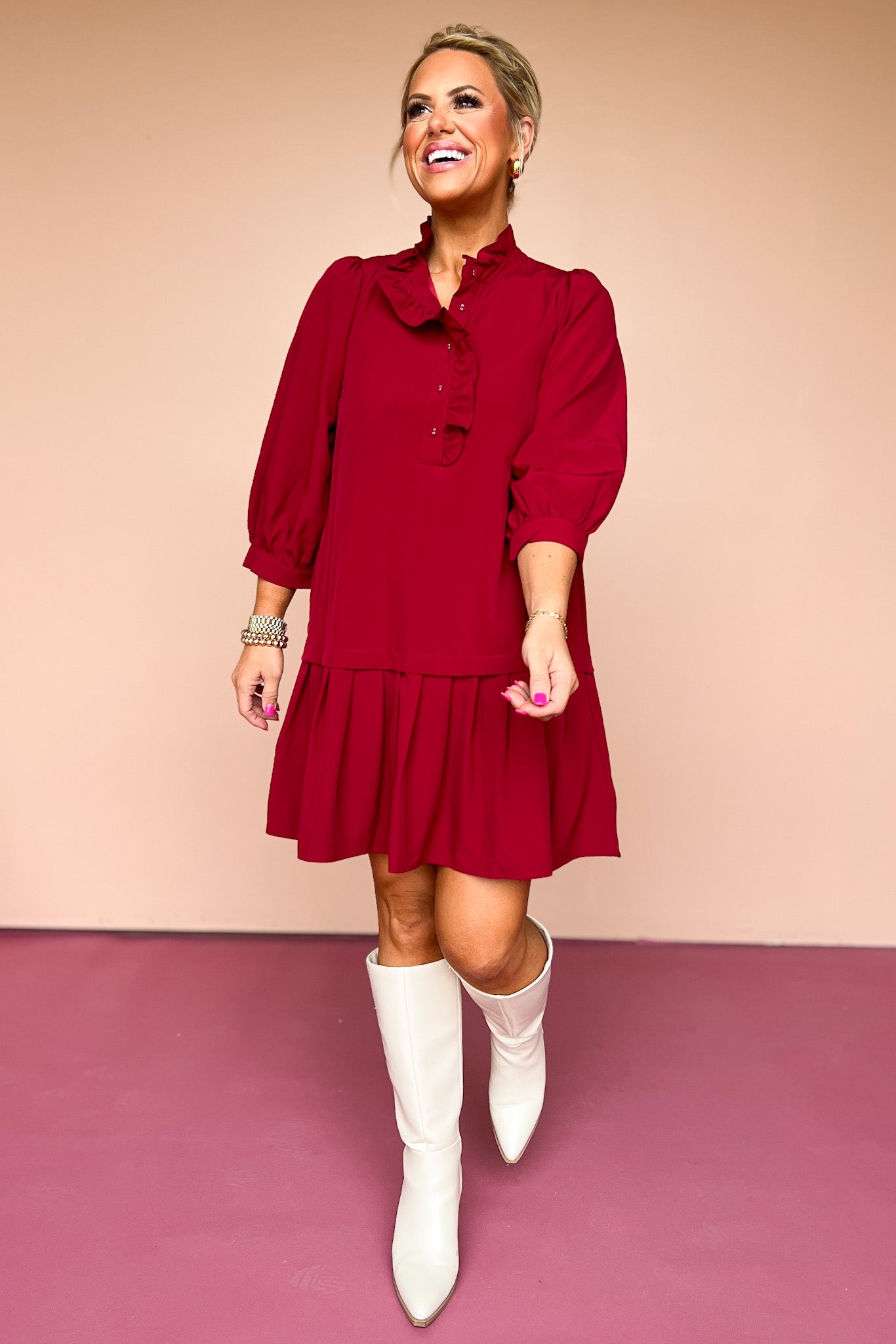  Scarlet Ruffle Neck Drop Waist Dress, must have dress, must have style, fall style, fall fashion, elevated style, elevated style, mom style, shop style your senses by mallory fitzsimmons, ssys by mallory fitzsimmons