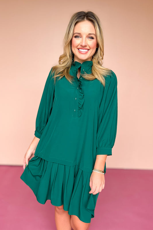  Hunter Green Ruffle Neck Drop Waist Dress, must have dress, must have style, fall style, fall fashion, elevated style, elevated style, mom style, shop style your senses by mallory fitzsimmons, ssys by mallory fitzsimmons