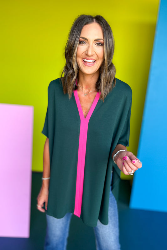  SSYS The Harper Colorblock Light Weight Air Tent Top In Hunter Green, ssys fall collection, ssys fall, fall style, fall outfit, must have fall, elevated fall, mom style, office style, office outfit, fall top, elevated top, ssys top, ssys by mallory fitzsimmons